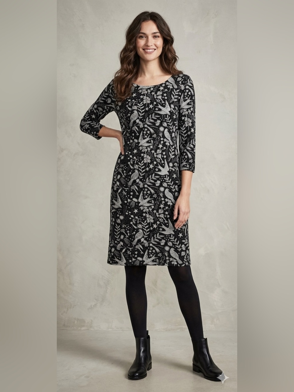 Boden Winifred‎ Black Mystic Woodland Jacquard Dress Black & White Bird Heart